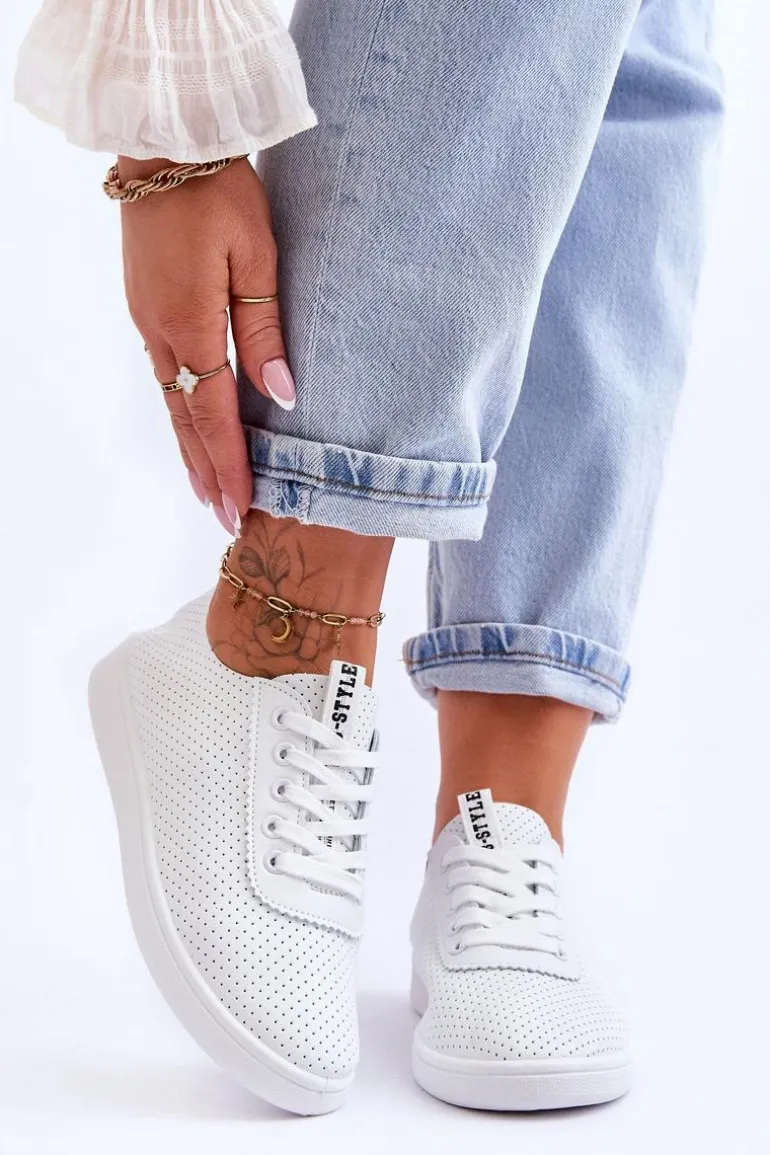 Damskie Ażurowe Sznurowane Trampki Białe Carinel