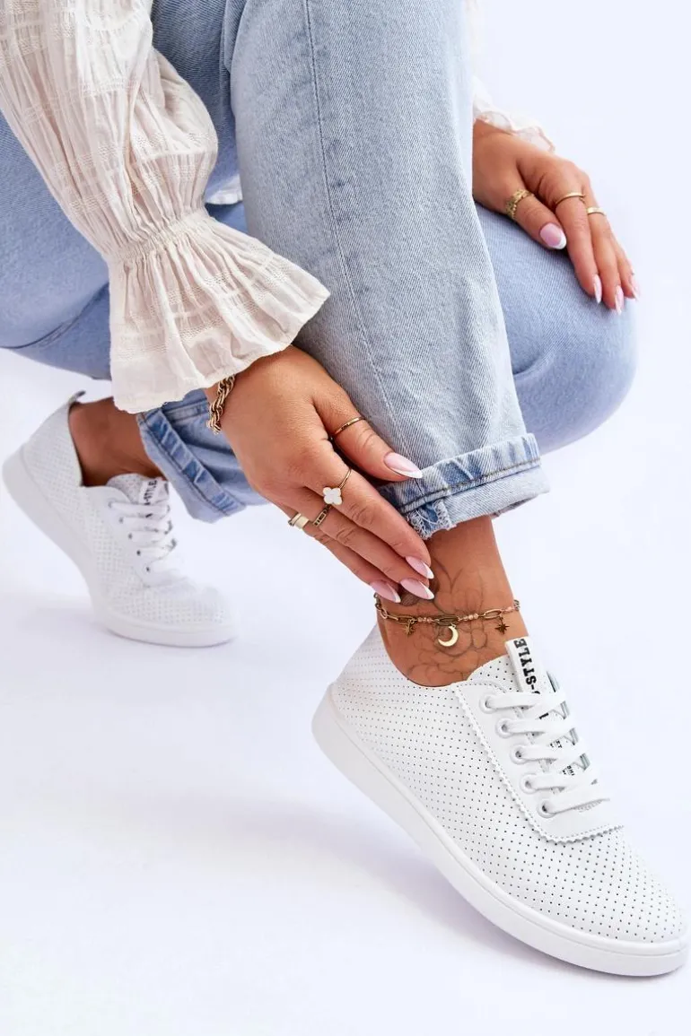 Damskie Ażurowe Sznurowane Trampki Białe Carinel