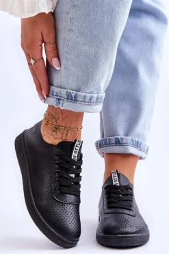 Damskie Ażurowe Sznurowane Trampki Czarne Carinel