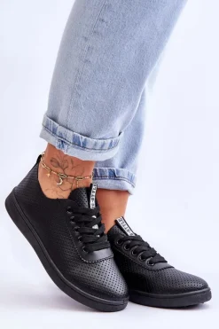 Damskie Ażurowe Sznurowane Trampki Czarne Carinel
