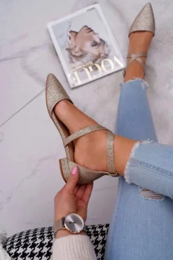 Damskie Balerinki Brokatowe w Szpic Złote Vontare