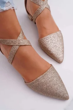 Damskie Balerinki Brokatowe w Szpic Złote Vontare