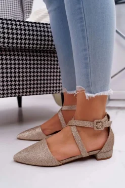 Damskie Balerinki Brokatowe w Szpic Złote Vontare