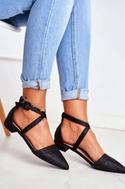 Damskie Balerinki Brokatowe w Szpic Czarne Vontare