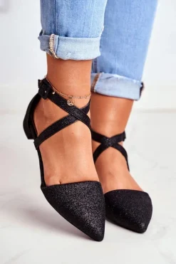 Damskie Balerinki Brokatowe w Szpic Czarne Vontare