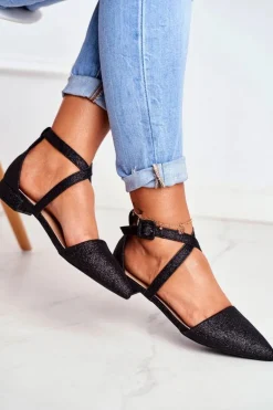 Damskie Balerinki Brokatowe w Szpic Czarne Vontare