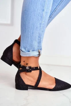 Damskie Balerinki Brokatowe w Szpic Czarne Vontare