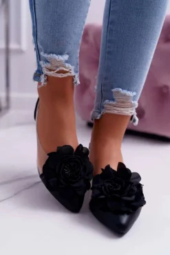 Damskie Balerinki Lu Boo Czarne Z Kwiatem Transparentne Dairin