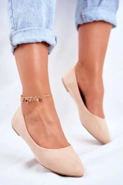 Damskie Balerinki Zamsz Beżowe Bueno