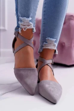 Damskie Baleriny Szare Zamszowe W Szpic Medena