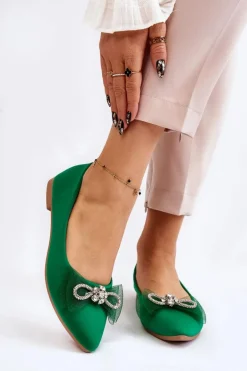 Damskie Baleriny W Szpic Z Ozdobną Kokardą Zielone Luminous