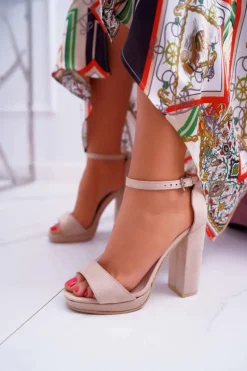 Damskie Beżowe Sandały Na Słupku Platforma Debora