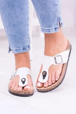 Damskie Białe Japonki Klapki na Korku Florines