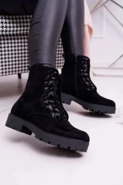 Damskie Botki Ciepłe Zamszowe Czarne Gerta