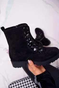 Damskie Botki Ciepłe Zamszowe Czarne Gerta