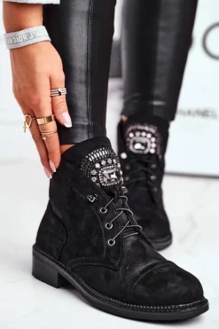 Damskie Botki Ciepłe Zamszowe Kryształki Czarne Hondus