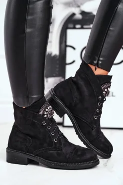 Damskie Botki Ciepłe Zamszowe Kryształki Czarne Hondus