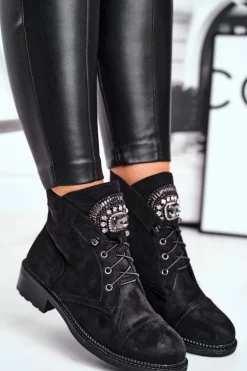 Damskie Botki Ciepłe Zamszowe Kryształki Czarne Hondus