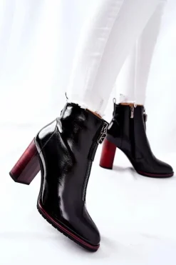 Damskie Botki Czarne Lakierowane na Słupku Cofton