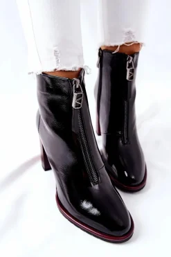 Damskie Botki Czarne Lakierowane na Słupku Cofton