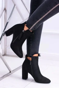 Damskie Botki Czarne na Słupku Zamszowe Egida