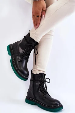 Damskie Botki Glany Sznurowane Z Zieloną Podeszwą Czarne Trinah