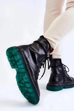 Damskie Botki Glany Sznurowane Z Zieloną Podeszwą Czarne Trinah