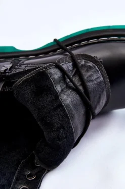 Damskie Botki Glany Sznurowane Z Zieloną Podeszwą Czarne Trinah