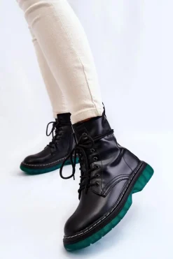 Damskie Botki Glany Sznurowane Z Zieloną Podeszwą Czarne Trinah