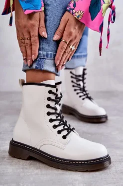 Damskie Botki Glany Wiązane Białe Lavita