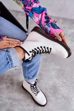 Damskie Botki Glany Wiązane Białe Lavita