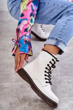 Damskie Botki Glany Wiązane Białe Lavita