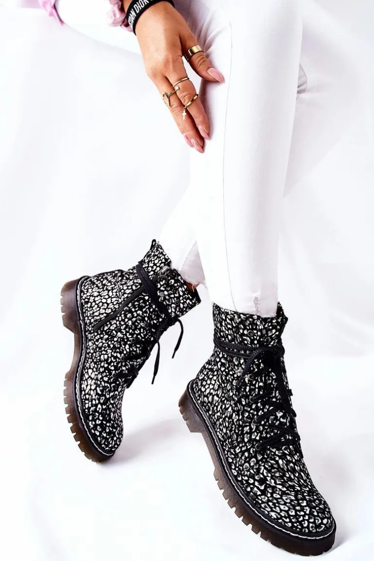 Damskie Botki Glany Workery Maciejka Czarno-Białe 01609-48