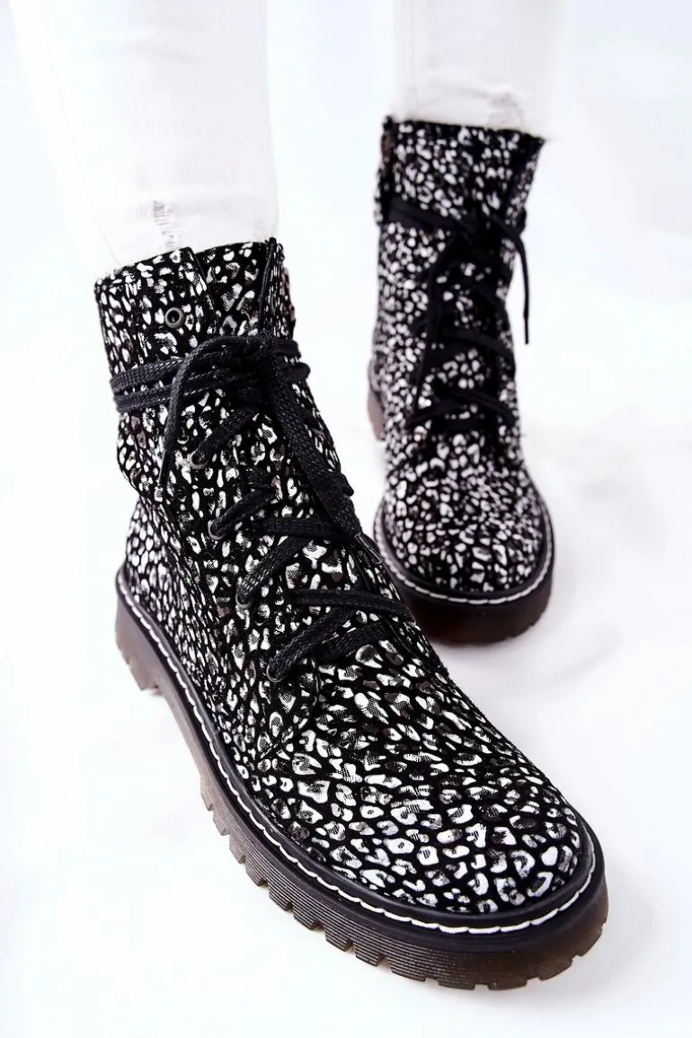 Damskie Botki Glany Workery Maciejka Czarno-Białe 01609-48