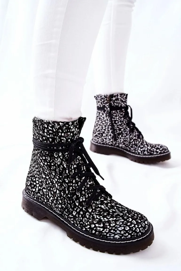 Damskie Botki Glany Workery Maciejka Czarno-Białe 01609-48