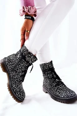 Damskie Botki Glany Workery Maciejka Czarno-Białe 01609-48