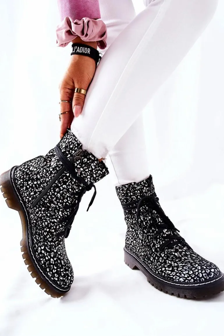 Damskie Botki Glany Workery Maciejka Czarno-Białe 01609-48