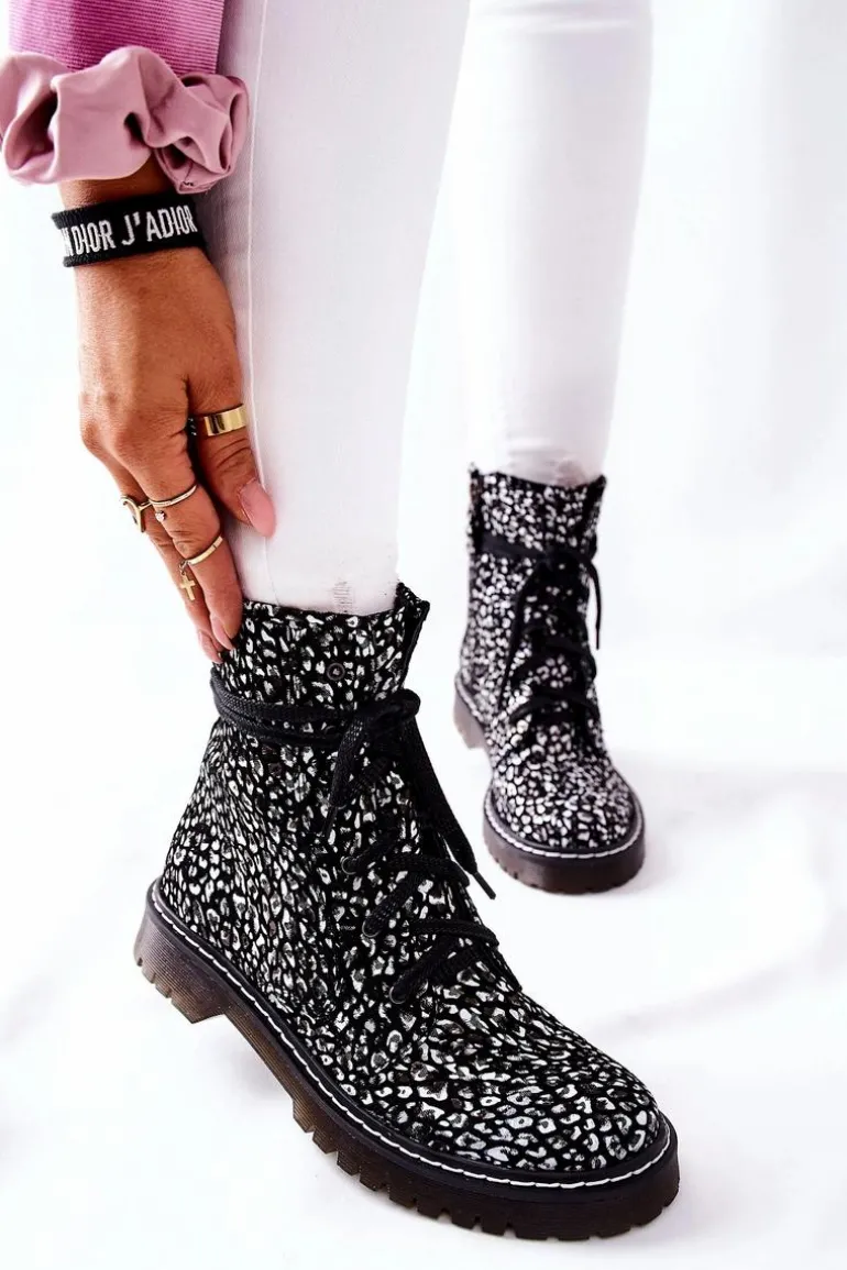 Damskie Botki Glany Workery Maciejka Czarno-Białe 01609-48