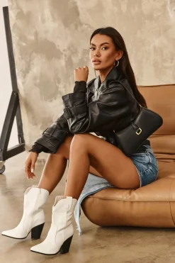 Damskie Botki Kowbojki Na Obcasie Białe Melaitia