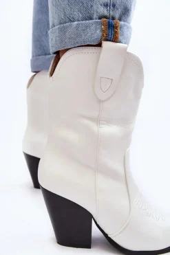 Damskie Botki Kowbojki Na Obcasie Białe Melaitia