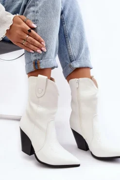 Damskie Botki Kowbojki Na Obcasie Białe Melaitia