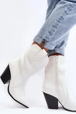 Damskie Botki Kowbojki Na Obcasie Białe Melaitia