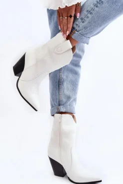 Damskie Botki Kowbojki Na Obcasie Białe Melaitia