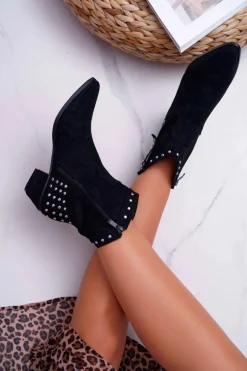 Damskie Botki Kowbojki Płaski Obcas Czarne Fine