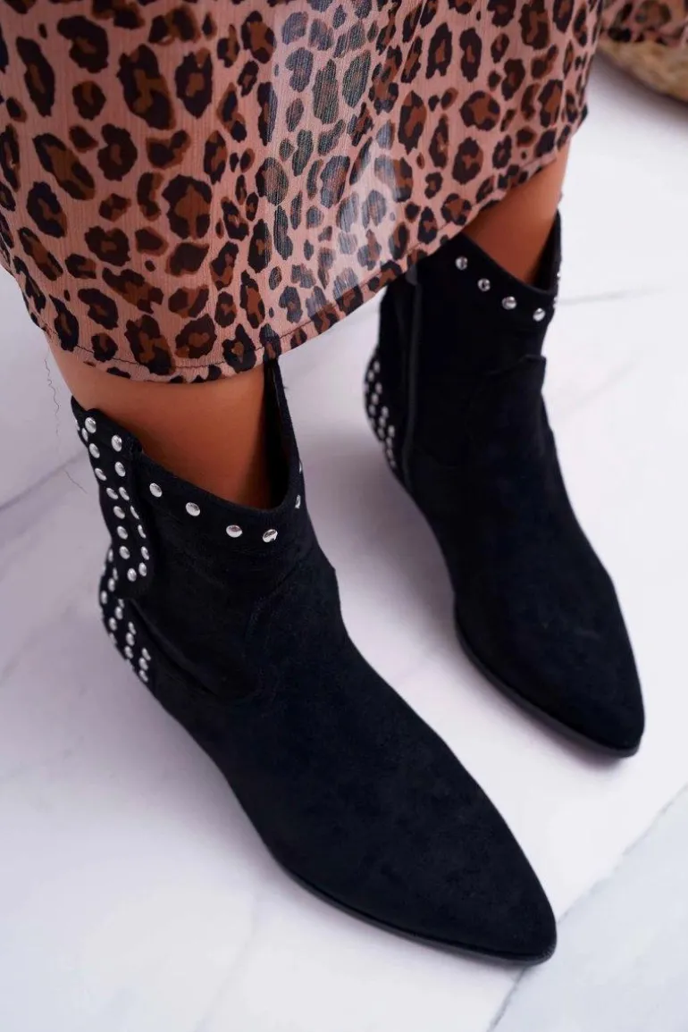 Damskie Botki Kowbojki Płaski Obcas Czarne Fine