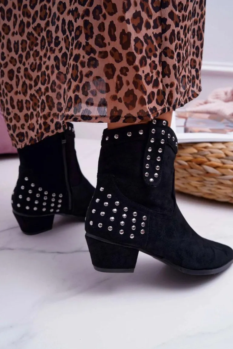 Damskie Botki Kowbojki Płaski Obcas Czarne Fine