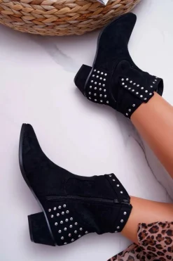 Damskie Botki Kowbojki Płaski Obcas Czarne Fine