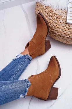 Damskie Botki Kowbojki Zamszowe Camel Barski 1638