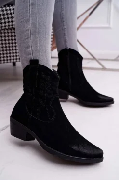 Damskie Botki Kowbojki Zamszowe Czarne Ferders