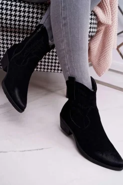 Damskie Botki Kowbojki Zamszowe Czarne Ferders